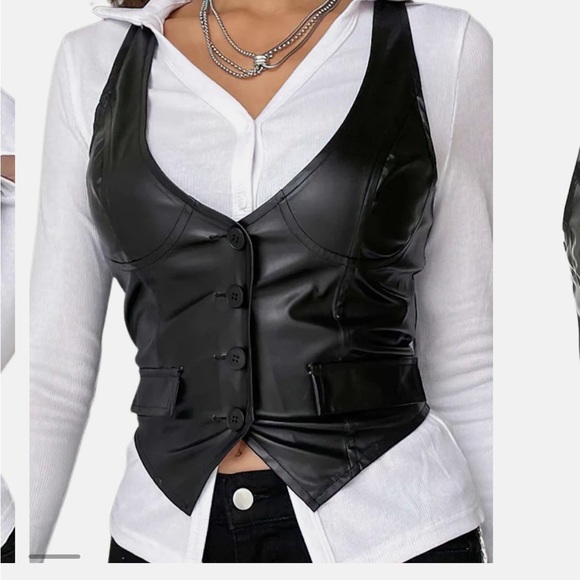 SEXY BODYCON BLACK PU LEATHER CROPPED VEST FAUX POCKETS SIZE LARGE - Picture 1 of 13